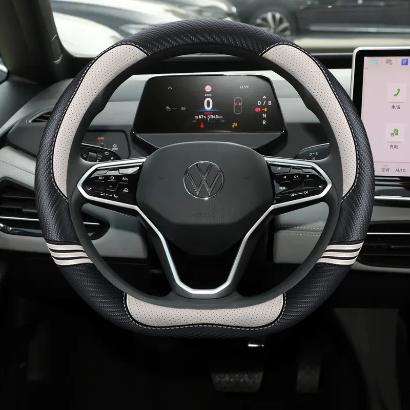 Car Steering Wheel Cover Leather For Volkswagen T-ROC R Taigo Touareg R Atlas R Taos T-Cross 2018- 2024 2025 Auto Accessories
