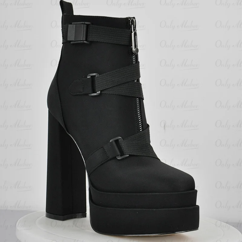 Onlymaker Platform Ankle Boots  Round Toe Zipper Strap  Chunky Thick Heels Lycra Plus Size  For Autumn Winter Bootes