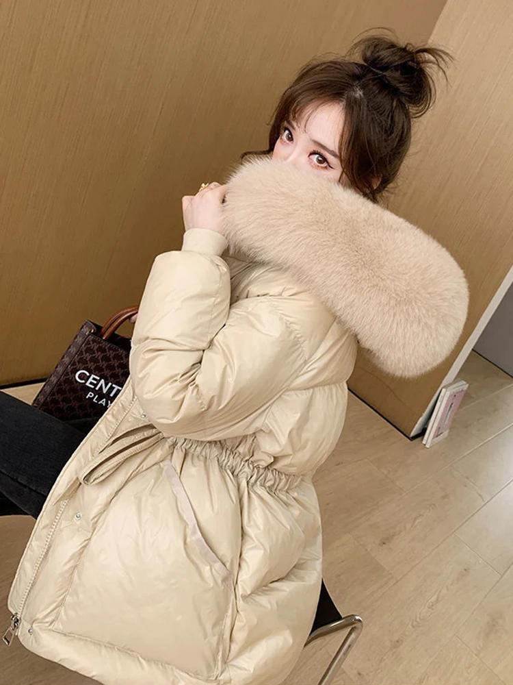 2023 Loose Big Fur Collar Hooded Puffer Jacket Women Thicken Cotton Padded Parkas Coat Autumn Winter Female Warm Clothes Outwear