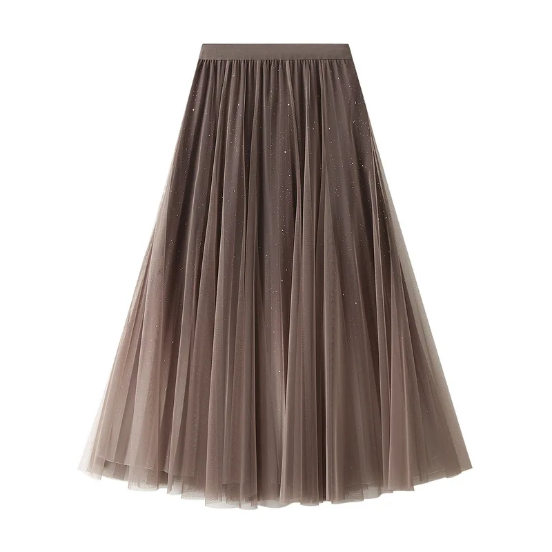 Autumn Winter Pleated Long Skirt Women Mesh Gradient Starry Sky A Line High Waisted Elegant Midi Skirts Office Lady Faldas