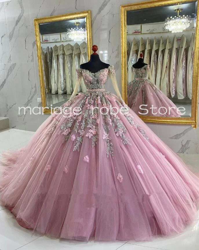 Gaun putri merah muda tua Quinceanera dengan lengan panjang 3D Floral Applique Puffy Tutu Lace-up Prom vestido de 15 a20os