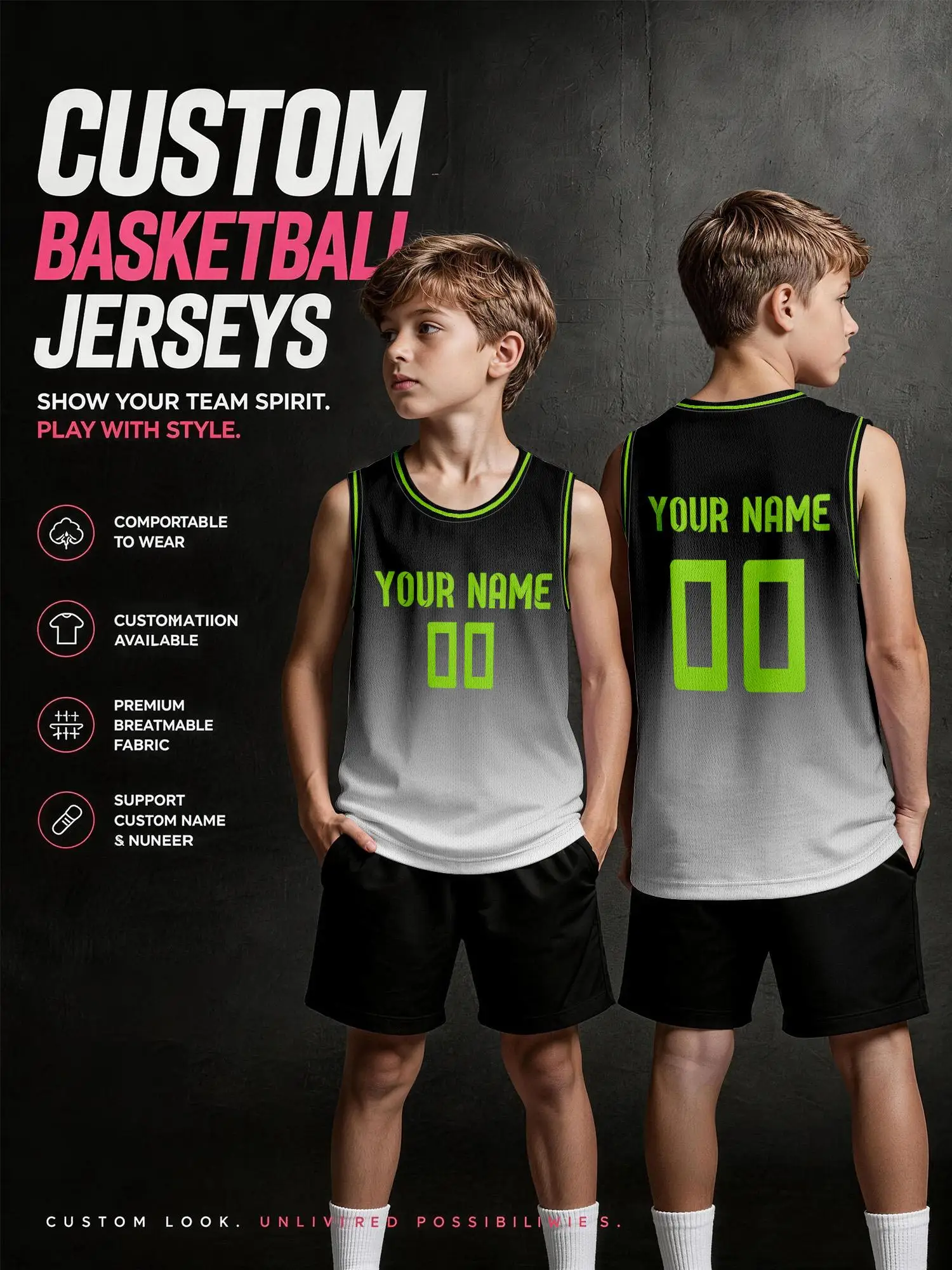 Black‑White Gradient Green Trim Custom Basketball Jersey, Print Name & Number, Breathable Quick‑Dry for Kids Adults