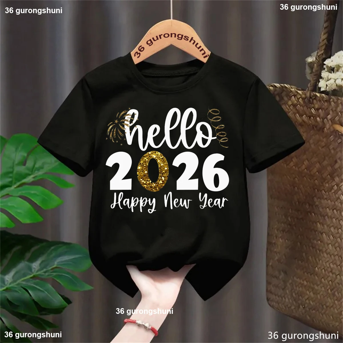 

Black Tshirt Hello 2026 Happy New Year T-shirt Boys Girls Kids Clothes Winter Holiday Party Harajuku Short Sleeve Tops Tee