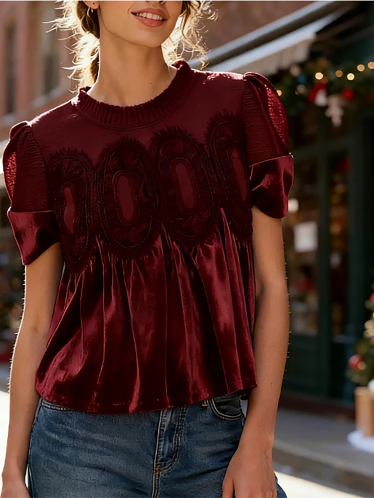 

2026 Elegant O-neck Short Sleeve Pullover Fashion Mesh Patchwork Velvet Solid Color Tops Sexy Hight Street Draped Summer Shirts