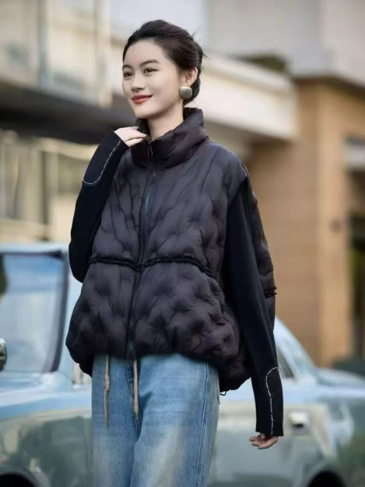 Damska kamizelka puchowa Y2K na zimę, luźna parka z kołnierzem, koreański styl casual, pogrubiona, ciepła, 90% biały puch kaczy, luźny płaszcz bez rękawów, odzież wierzchnia.