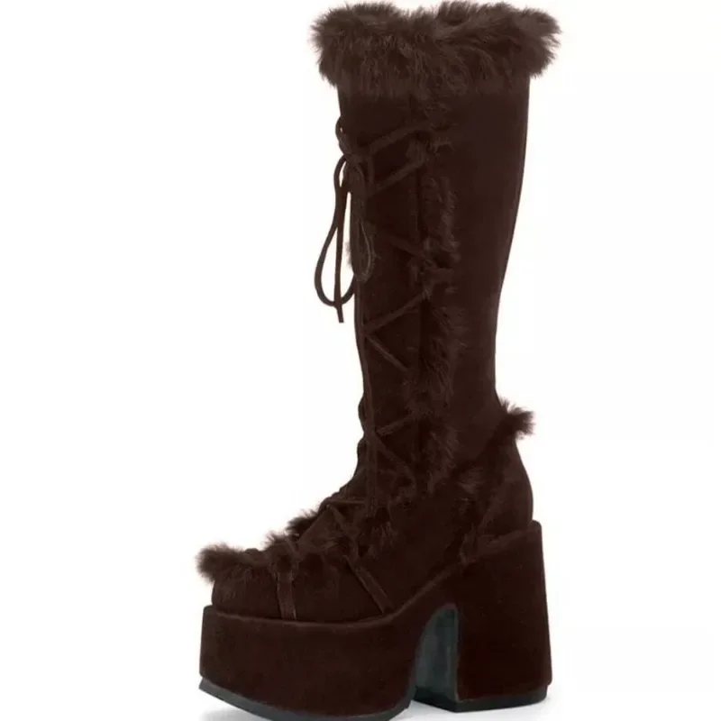 Waterproof Winter Knee High Boots for Women Platform Flock Zipper Lace Up Fluff Square Heels Elegant Mature Snow Boots 34-46