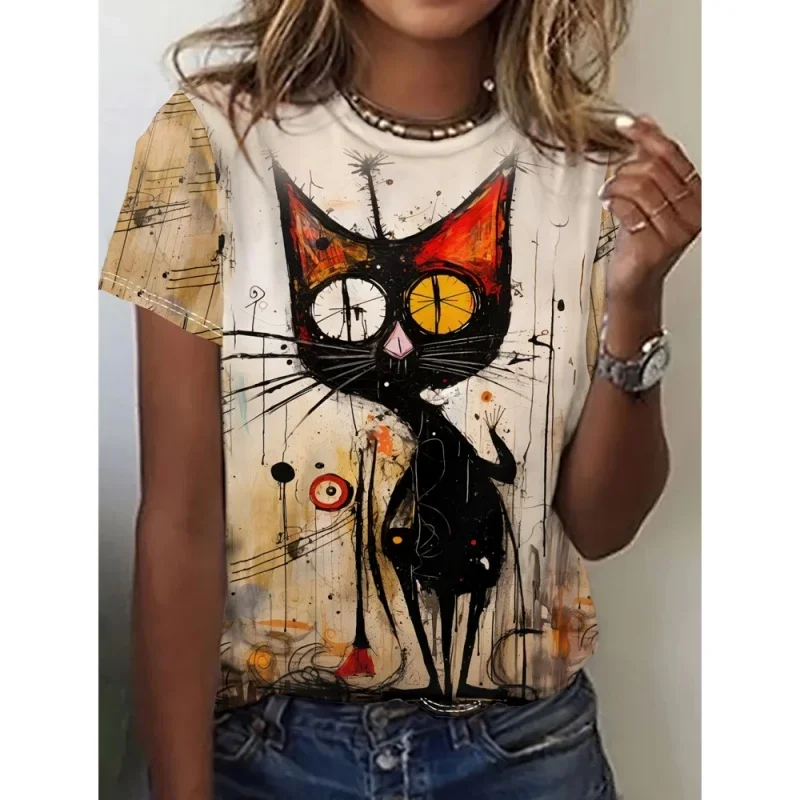 Abstract Cat Dog Pattern T Shirt For Women Fun Animal 3D Printed Short Sleeves Summer Loose T-Shirts O-Neck Tops Tees Streetwear