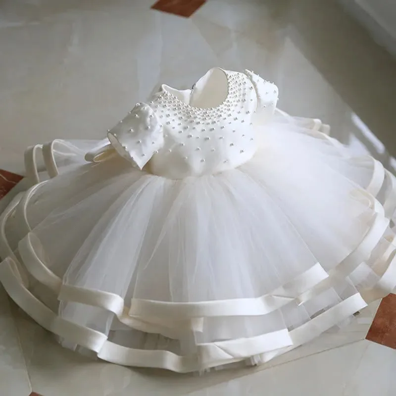 Luxurious Handmade Beaded Pearl Flower Girl Wedding Dress Satin Multi-layer Mesh Beauty Pageant Dress One-year-old Princess