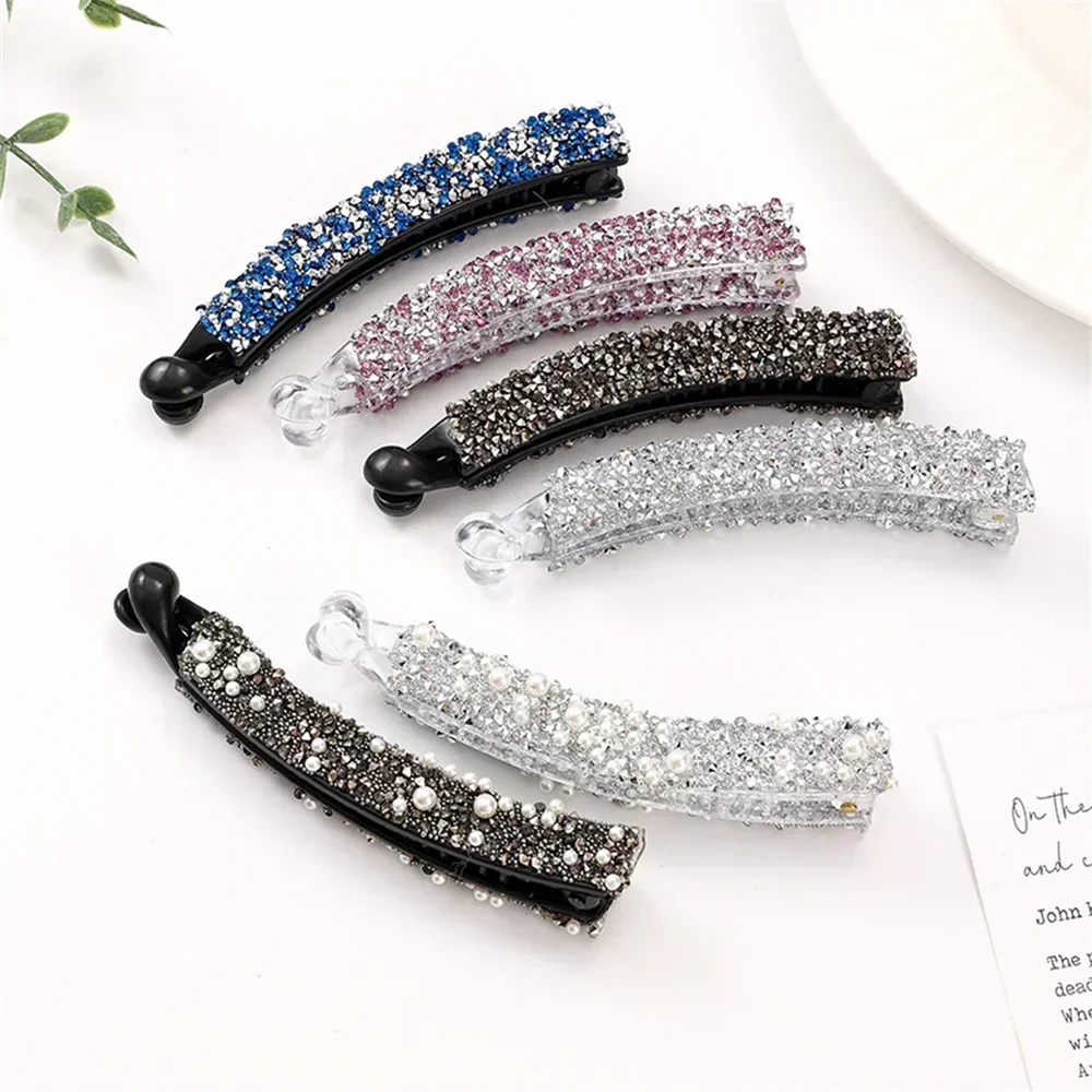 New Rhinestone Plastic Banana Hair Clips Crystal Ponytail Clip Simple Barrette Ponytail Holer Claw Grip Clamp Hair Accessorie