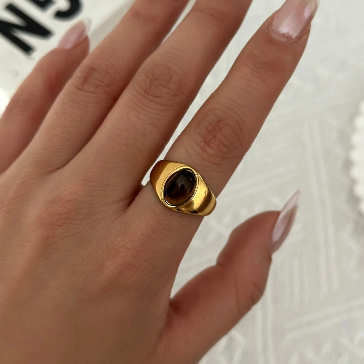 Retro-Tigeraugen-Naturstein-Oval-Sonnenringe, stapelbar, für Damen und Herren, Edelstahl, Zirkonia, Wickelring, Streifen-Fingerring, Schmuck – Detail 8