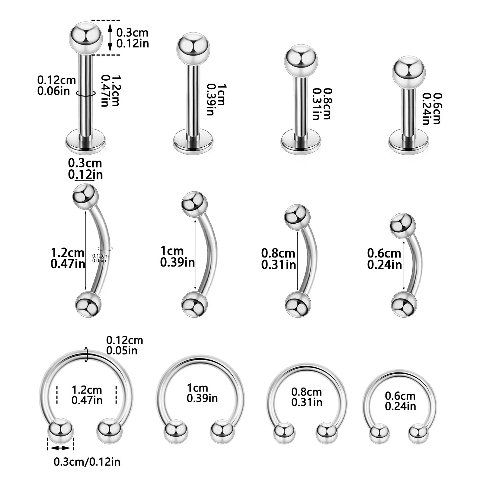 10pcs 16G Stainless Steel Body Jewelry - Lip Rings/Tongue Studs/Nipple Bars, Professional Piercing Kit for Men & Women