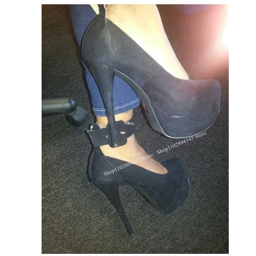 

Black Buckle Fleece Platform Pumps Thin High Heel Round Toe Fashion Sexy Cool 2025 Summer Big Size Woman Shoes Zapatillas Mujer