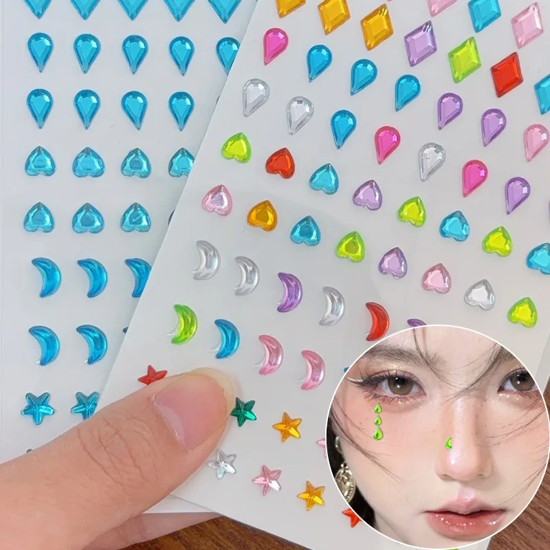 

1-6pcs Star Moon Face Sticker Cute Self-Adhesive Heart Water Drop Decals Colorful Kawaii Bling Rhinestone Temporary Tattoos