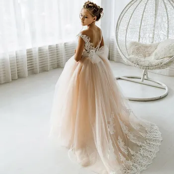 Mädchen Kleid Hochzeit 2023 Spitze Tüll Backless Blume Mädchen Kleider Vintage Junior Brautjungfer Ballkleid Erstkommunion 4 Zu 8 jahre