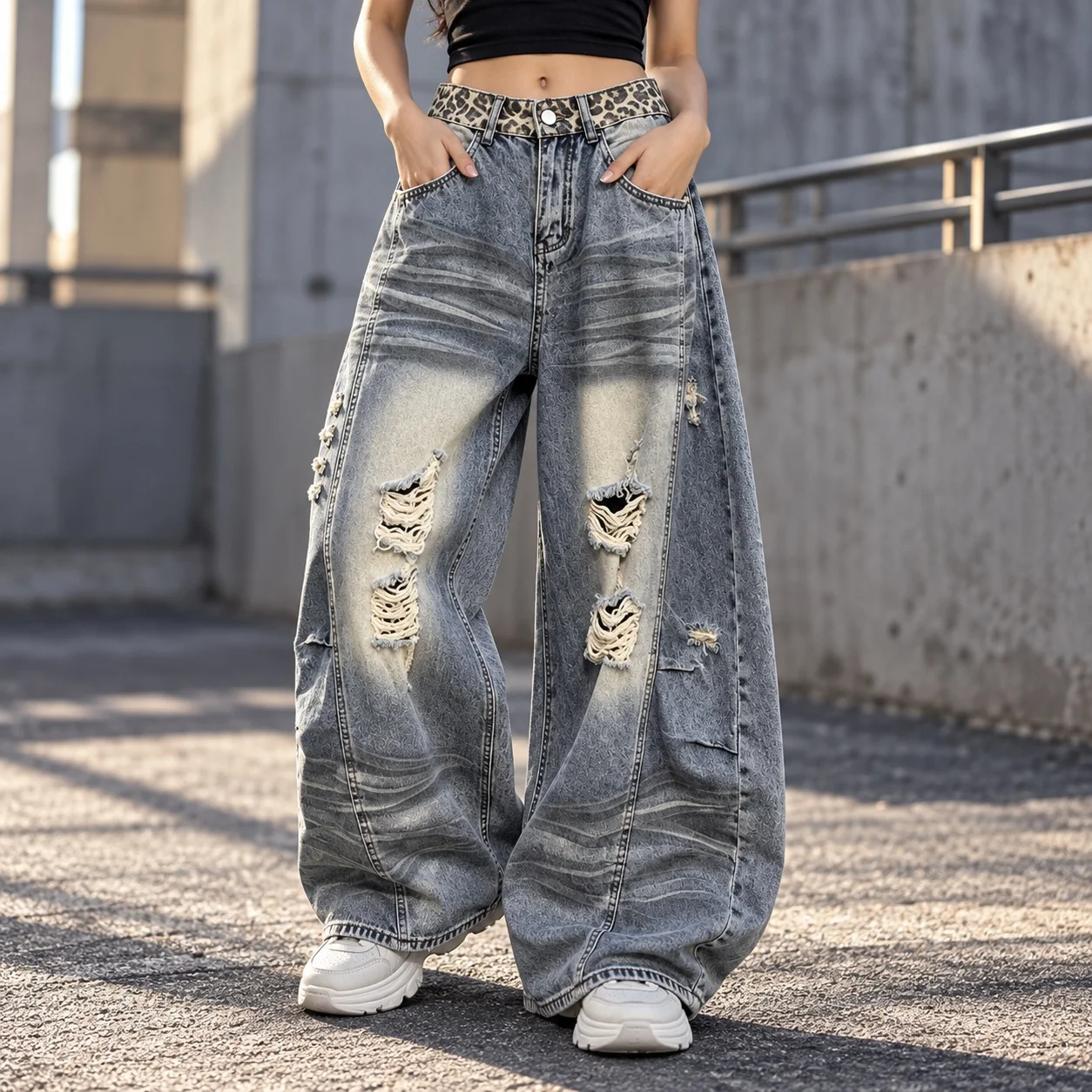 Ripped Patchwork Jeans Loose Fit Streetwear with High Waist Autumn Wide Leg No Stretch Distressed Washed Pocket Women Jeans