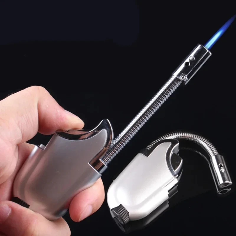 Flexible Hose Windproof Jet Blue Flame Butane Gas Lighter Kitchen Outdoor BBQ Cigar Lighter With Flashlight Metal Ignition Gun