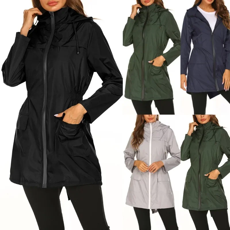 Windproof Waterproof Raincoat Long Jacket Hooded Women Autumn Winter Outdoor Hiking Clothes Long Rain Tops Rainwear Lightweight