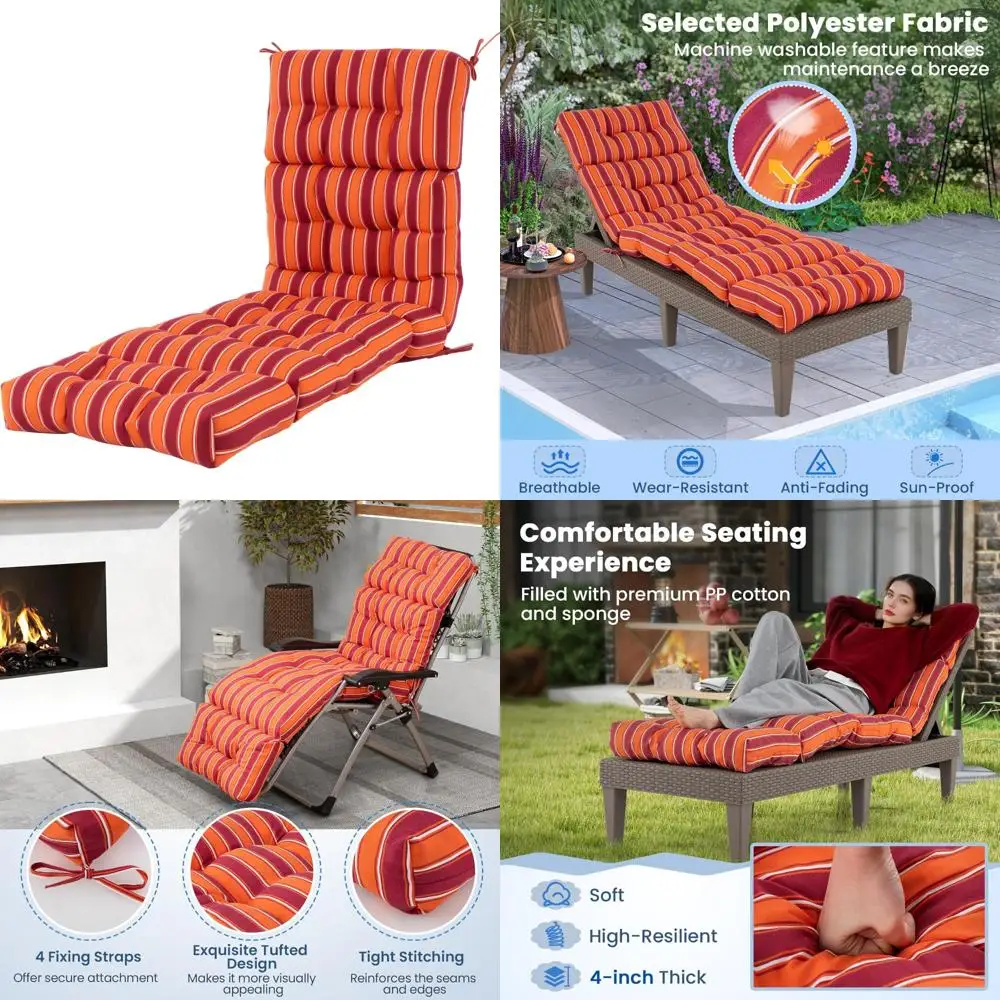 

Outdoor High Back Recliner Cushion, 73 x 22 Patio Lounge Cushion with 4 String Ties, 4 Thick Padded for Comfortable Relaxation