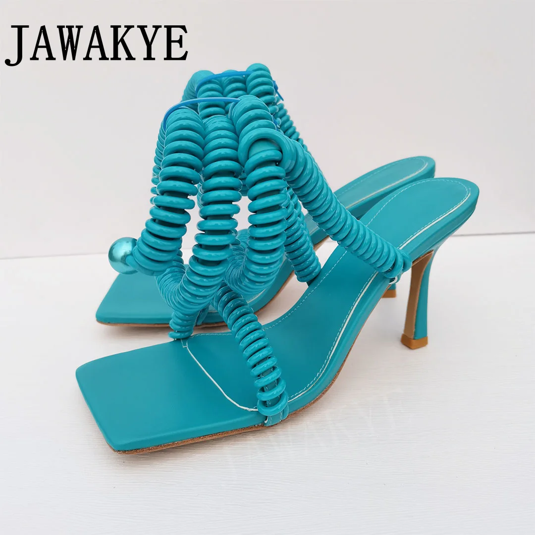 

Spring Line Sandals Ankle Strap Ladies Summer High Heels Square Toe Party Shoes Runway Candy Colors PVC Sandals For Women mujer