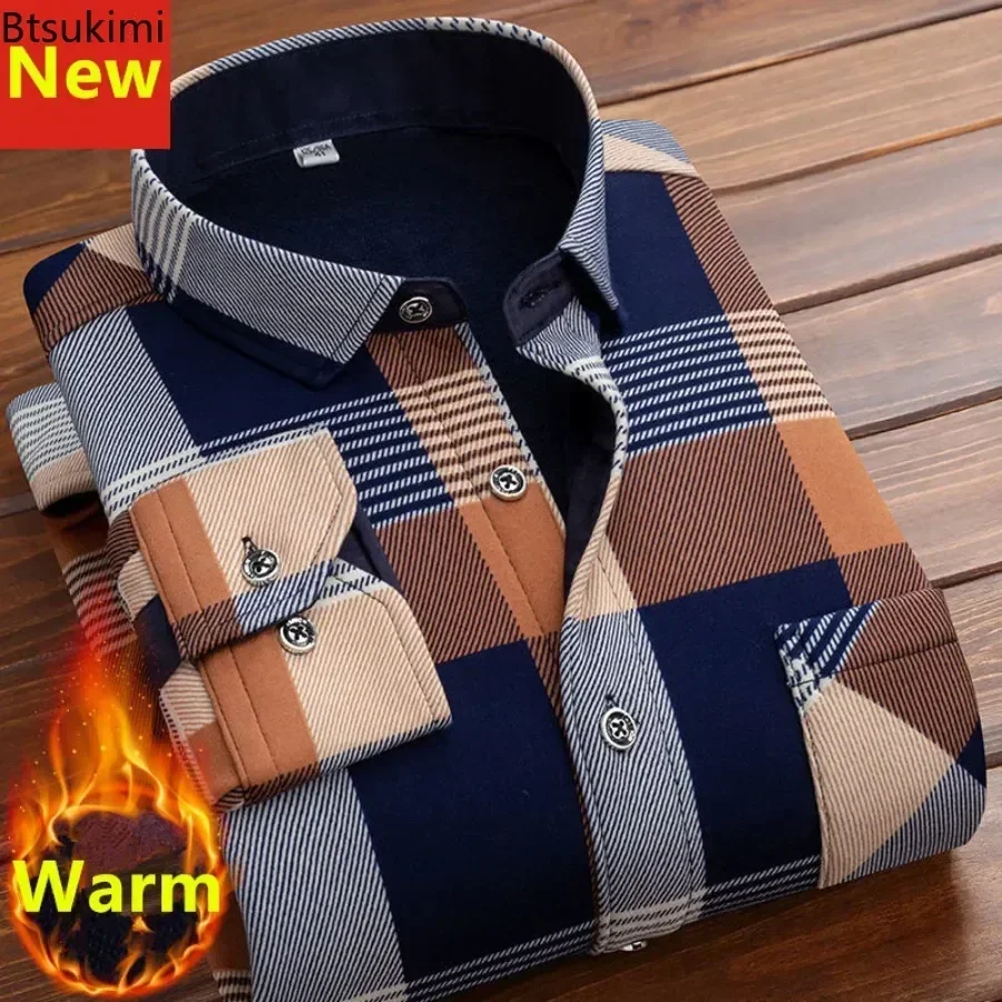 Autumn Winter New Men\'s Clothing Fashion Retro Casual Business Long Sleeve Lapel Shirts Fleece Thicked Warm Man Print Shirt Tops