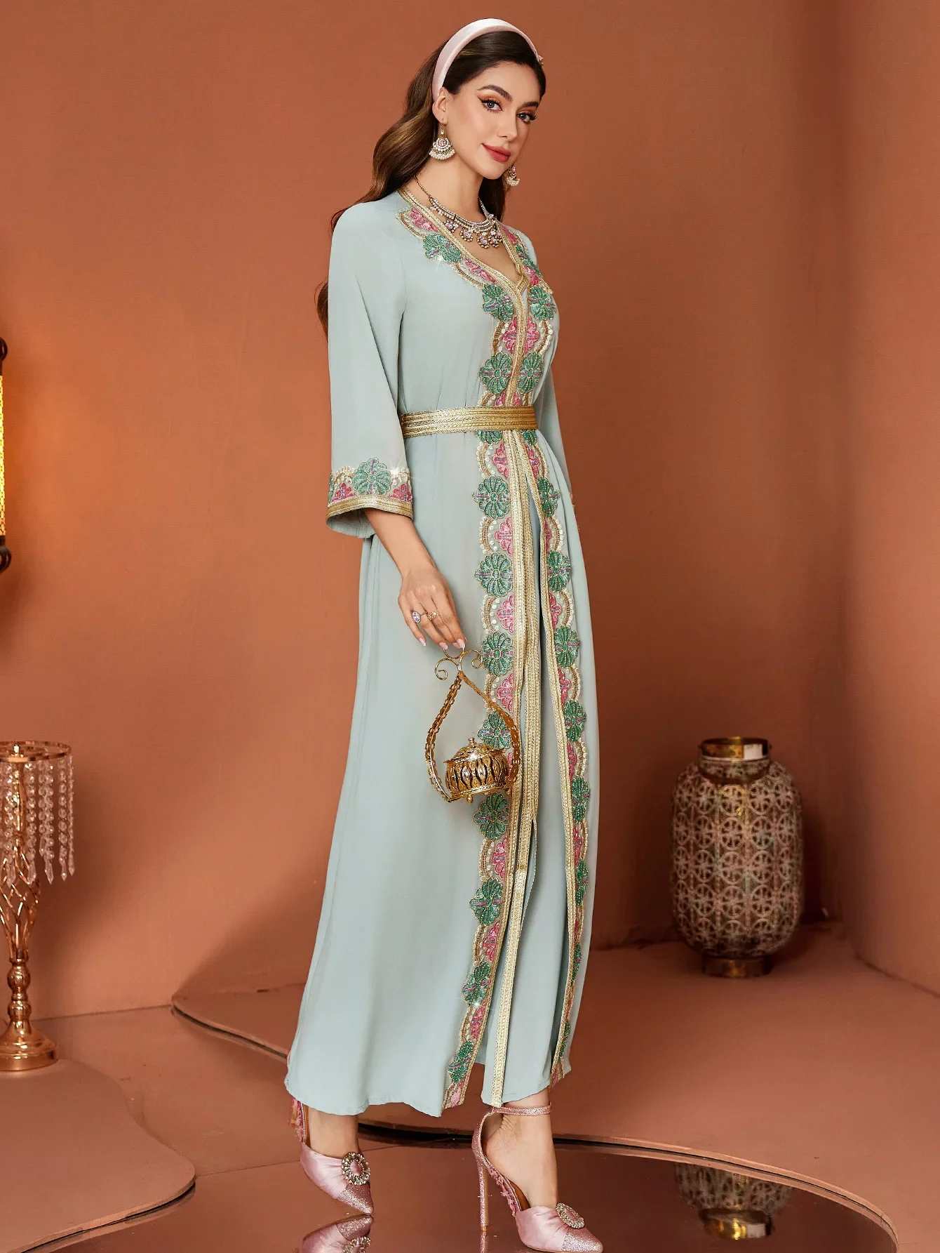 Eid มุสลิมชุดสตรี Abaya ลูกไม้ปลอม 2 ชิ้น V คอชุดยาว Vestidos Largos Party Caftan Jalabiya Ramadan ยาว Robe 2025