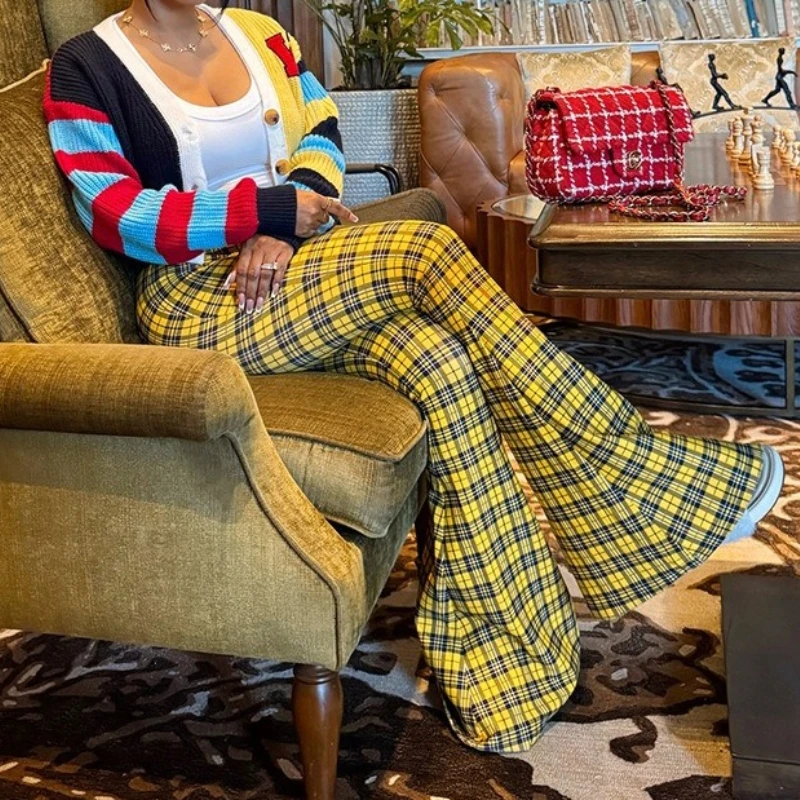 Y2k Women's Plaid Printed Tight Fitting Wide Leg High Waist Long Trousers Versatile Flared Pants 2025 Fashion Retro