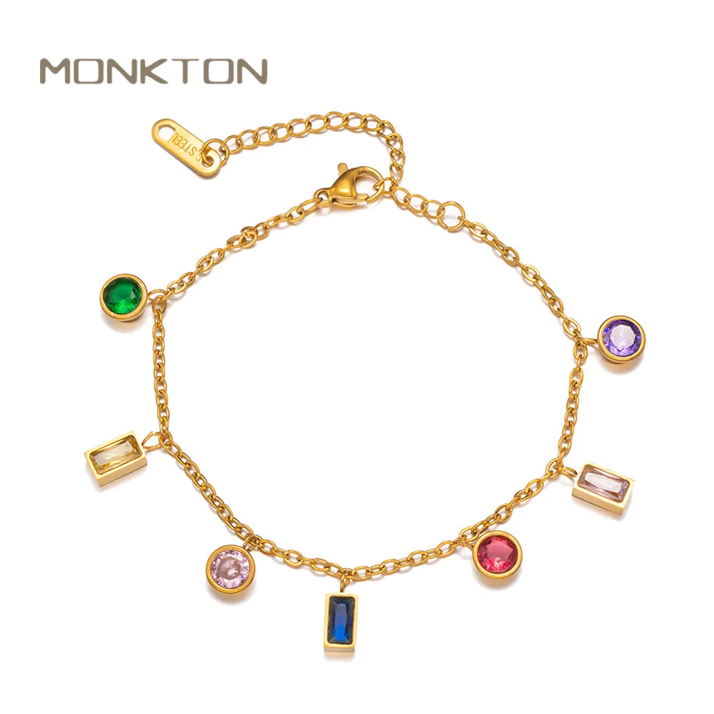 Monkton Gold Plated Multicolor Stone Geometric Crystal Necklace for Women Titanium Steel Tassel Bracelet Non Fading Jewelry Set