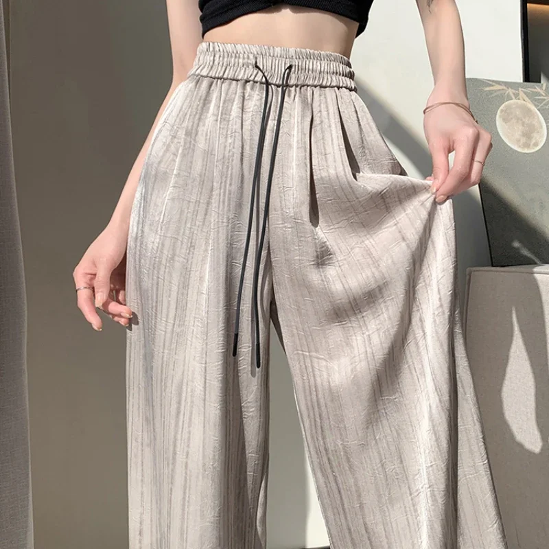 

2025 New Summer Vintage Ice Silk Satin Ink Printed Wide Leg Pant for Women High Waist Casual Loose Straight Full Length Trousers