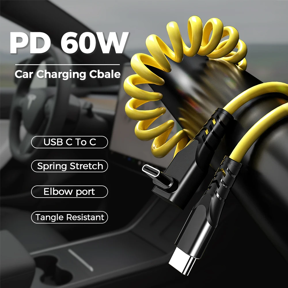 

Elbow USB Type C To C PD 60W Fast Charging Cable Car Retractable Spring Data Cable For iPhone 17 16 15 Pro Max CarPlay Samsung
