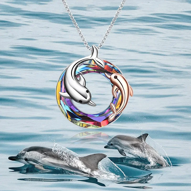 Cute Dolphin collane Round AB Color Crystal Pendant madre e figlia Ocean Animal Jewelry for Mom Girls regali di compleanno