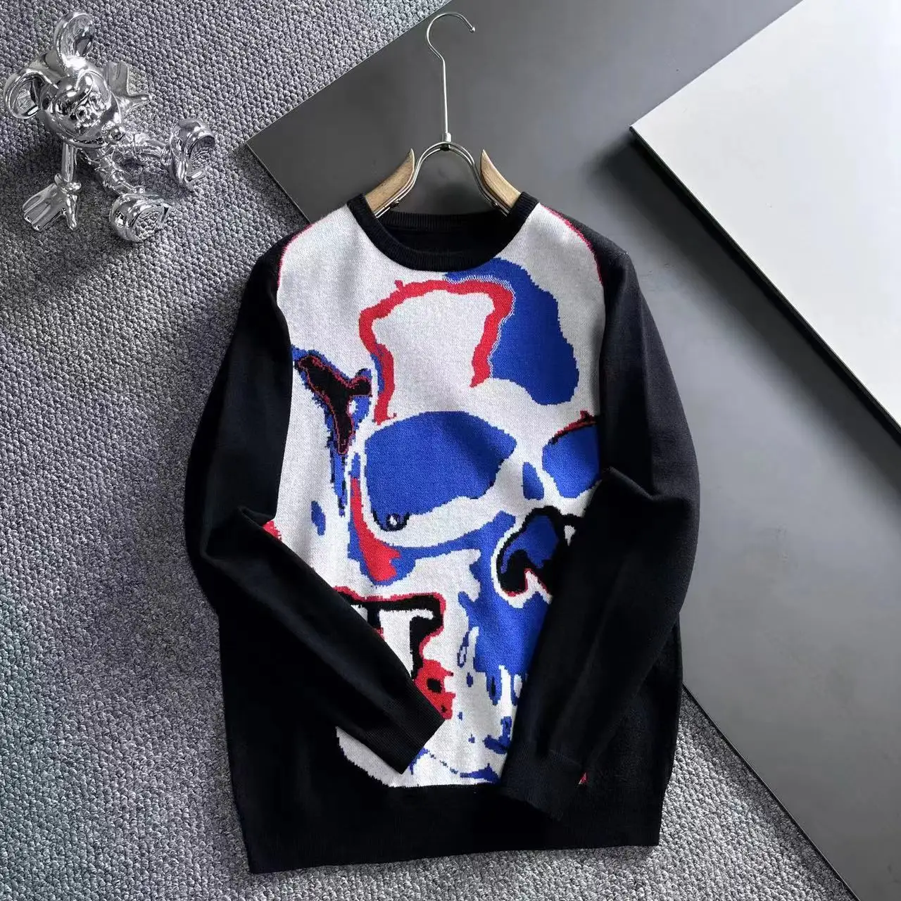 AlexPlein Skull Graffiti Intarsia-knit Sweater Men Clothing Fashion 2024 Winter Couple Wear Casual Covering Yarn Trendy Jumper