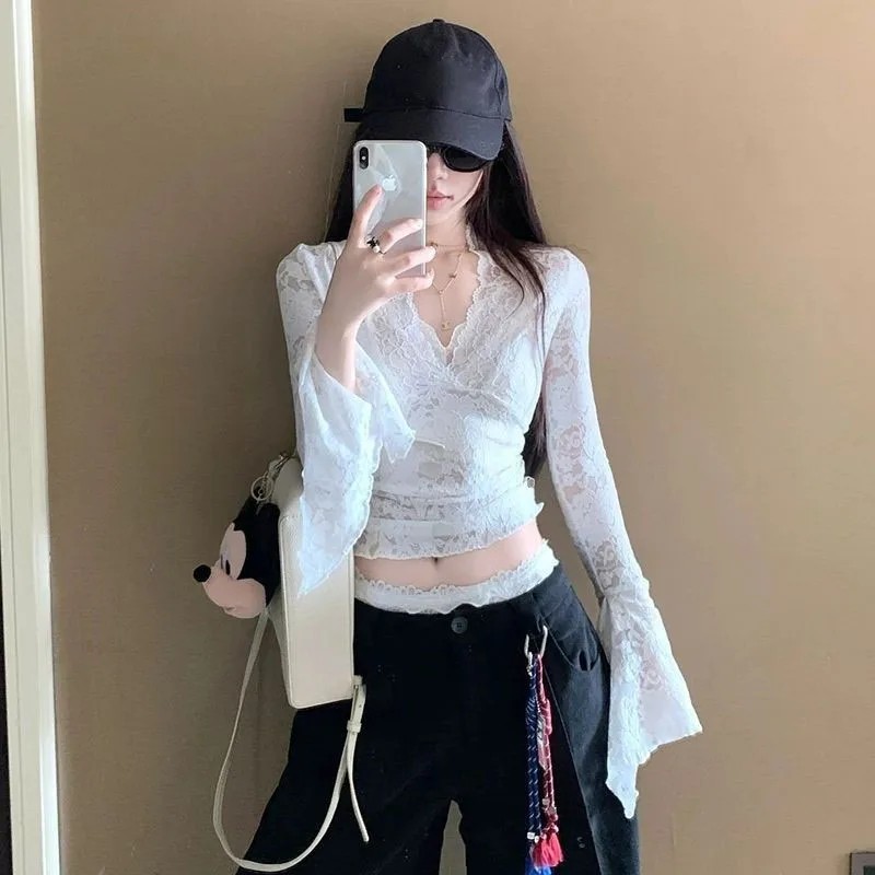 Spring Summer Thin Lace Crop Tops For Women White Sexy V-neck Sheer T-shirts Female Fashion Flared Sleeved Party Chiffon Blouse