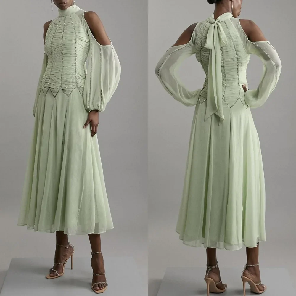 

Simple Chiffon Pleat A-line High Collar Midi Dresses Cocktail Dresses Classic Exquisite Modern Style Pastrol Chinese Style