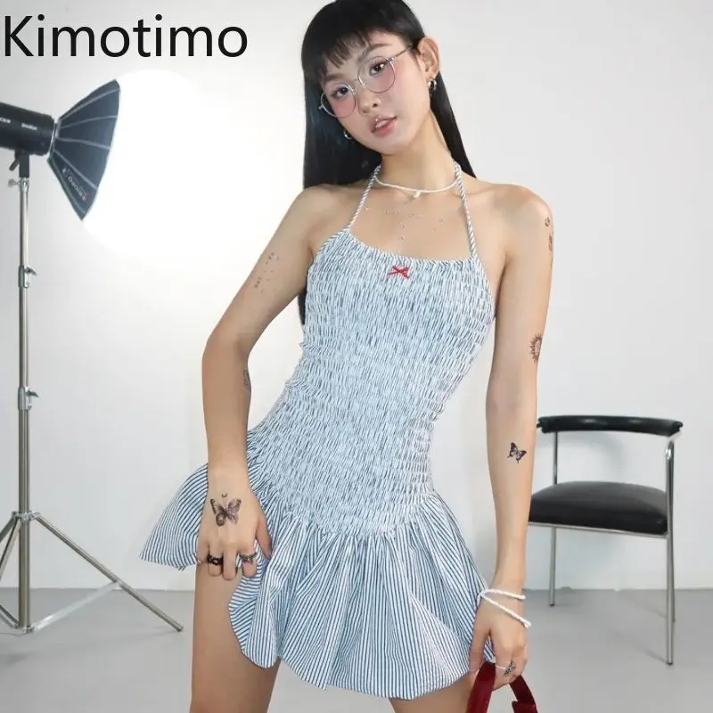 

Kimotimo Striped Mini Dress Women Sweet Halter Bow Folds Waist Backless A-line Dresses 2025 Summer Spicy Girl Slim Y2k Vestidos