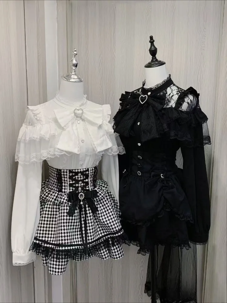 

2026 Lolita Style Japanese Kawaii Blouse for Women Sweet Harajuku JK Bow Lace Patchwork Ruffled Lightweight Casual Cute Shirt