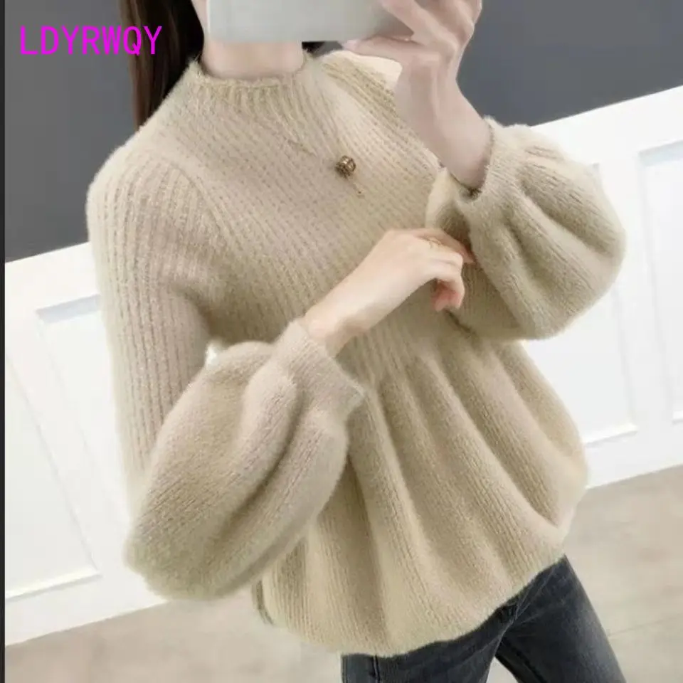 Sweater longgar wanita, Luaran musim semi baru 2023 bulu Mink kerah setengah tinggi Pullover lengan lentera tebal