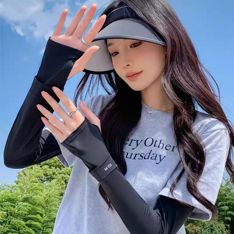 Summer Ice Silk Long Sleeves Anti-Sunburn Arm Cover UV Solar Arm Sleeves Woman Men Cycling Fingerless Gloves Cool Muff Sleeve