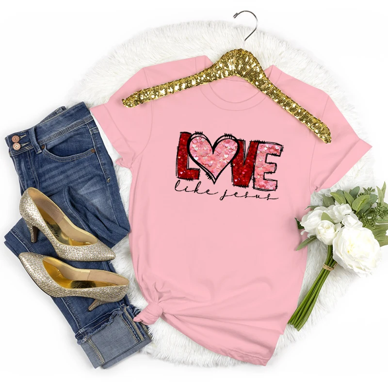 Koszulki z nadrukiem: Kochaj jak Jezus, Walentynki, Klasyczne koszulki, Prezent dla Chrześcijanki, Koszulka z krótkim rękawem, Damska koszulka na Walentynki, Codzienne topy