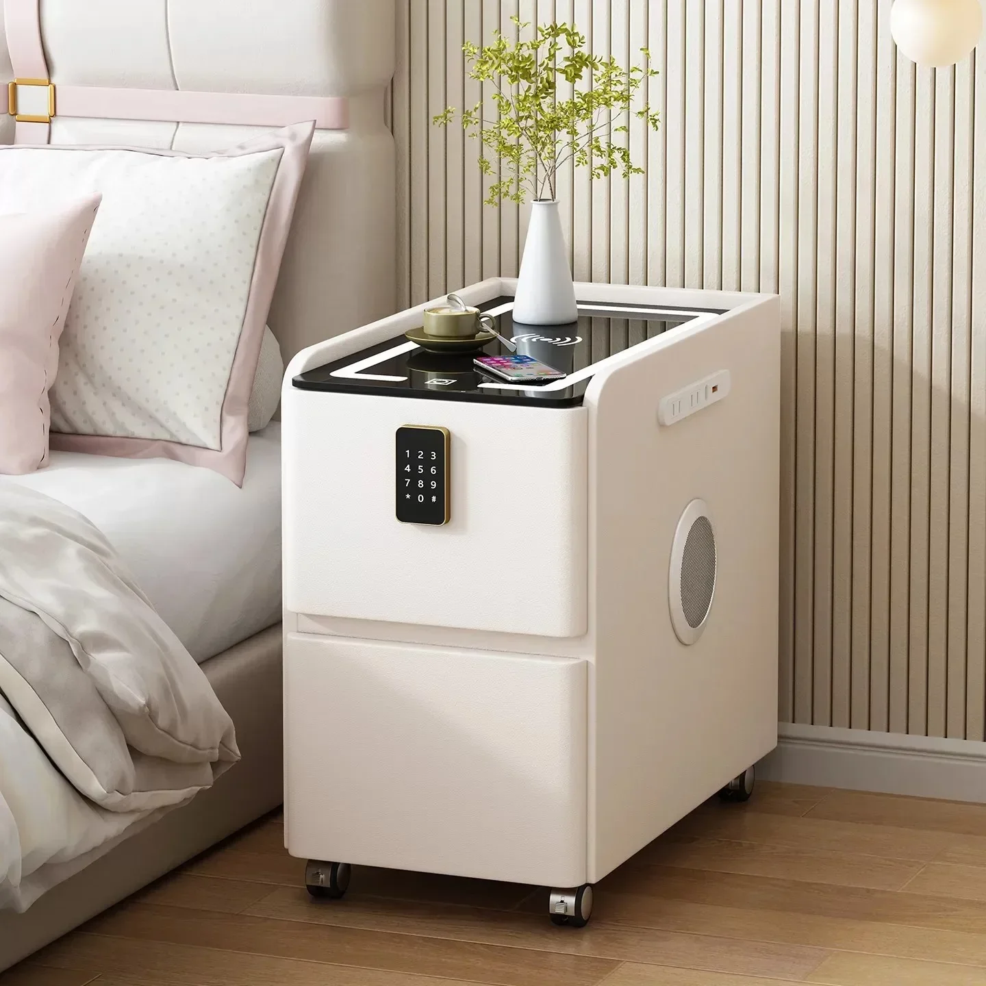 Movable small bedside table with universal wheel intelligent solid wood cat scratching skin bedroom modern narrow simple storage