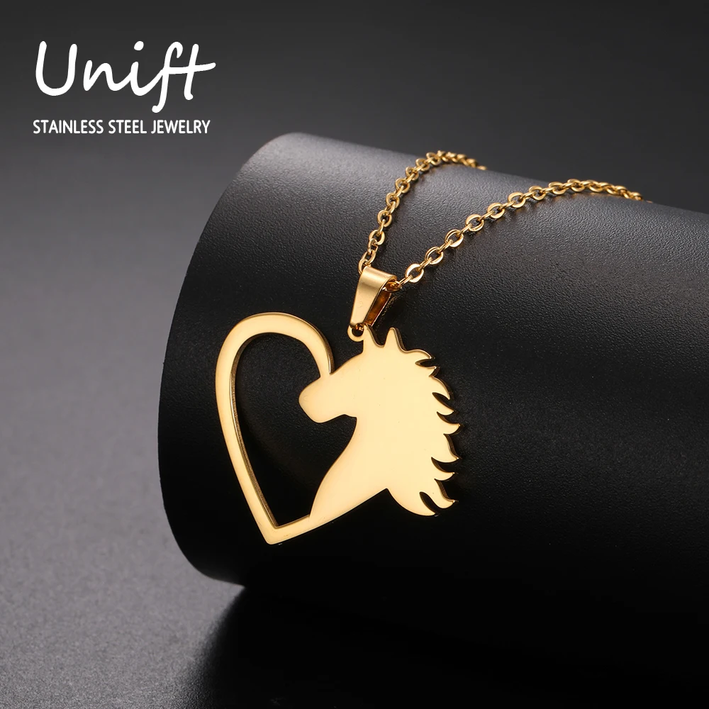 Unift Heart Horse Necklaces for Women Cowgirl Equestrian Stainless Steel Pendant Neck Chain Fashion Horse Lover Jewelry Gift