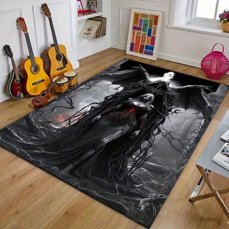 Gothic Death‑Harp Winged Figure Area Rug, Black‑Red Fantasy Design for Living Room Bedroom Christmas Indoor Home Decor