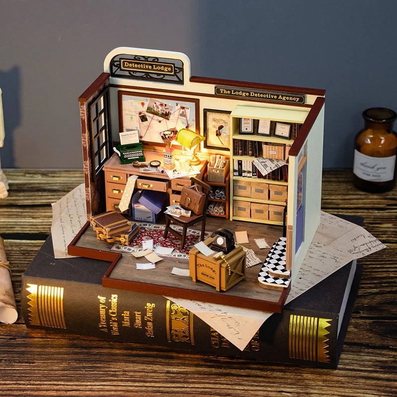 DIY Kit Modelo Miniatura de Madeira, Detective Agency of Lodge Casa, 3D Puzzle Dollhouse com Móveis, Decoração para Amigos, Presentes