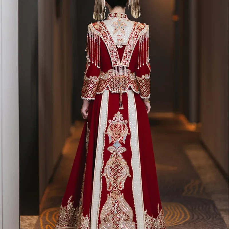 New Chinese-style wedding dress velvet heavy style for brides toasting and