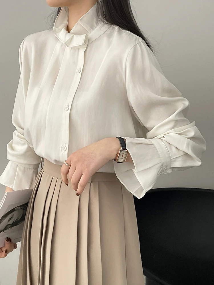 [EAM] Women Beige Ruffles Thin Big Size Blouse New Stand Collar Long Sleeve Shirt Fashion Tide Spring Autumn 2024 1DH4741