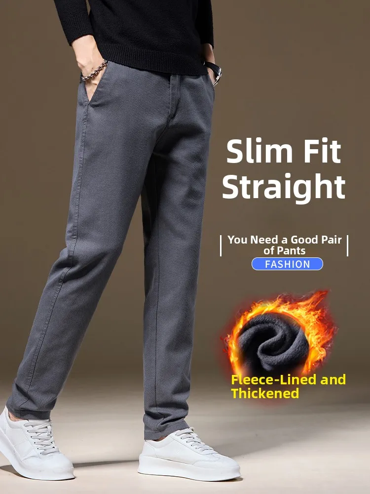 

Men's Casual Straight Leg Pants Thiened Fce Autumn Winter Faion Urban Sle Cotton Polyester Elastic Fiber Warm Slim Fit