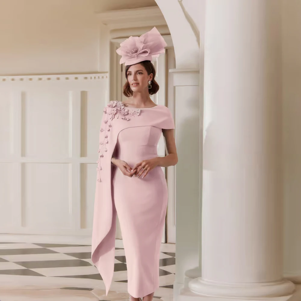 Florals Mother of Bride Dress with Cap Sleeves Sheath Wedding Guest Dress for Party Fashion Jersey Pink Prom Gowns Midi