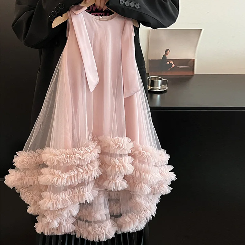 Luxury Girls Princess Children Pink Bow tutu Wedding Gown Sleeveless Kids Dresses baby infant Birthday Party Cake Dress