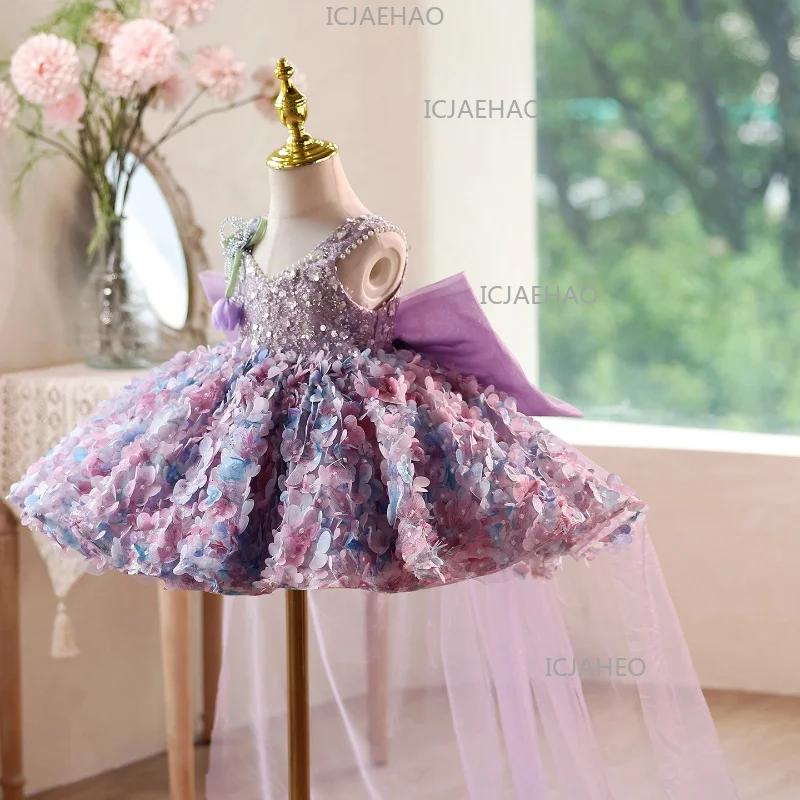 2026 Party Dress Summer New Fashion Floral Sleeveless Kids Host Princess Gown Costume Cute Sweet Purple Children Girls Birthday
