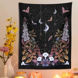 Tapiz de jardín de bruja para colgar en la pared, flor psicodélica, Tarot, adivinación, Luna, polilla, tapices, sol, luna, decoración del hogar, arte de pared