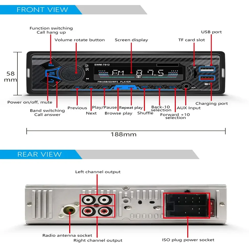 1din Digital Stereo Radio Auto Bluetooth MP3-Player mit USB TF-Karte 12V 60W x 4 Audiosystem Elektronik Zubehör